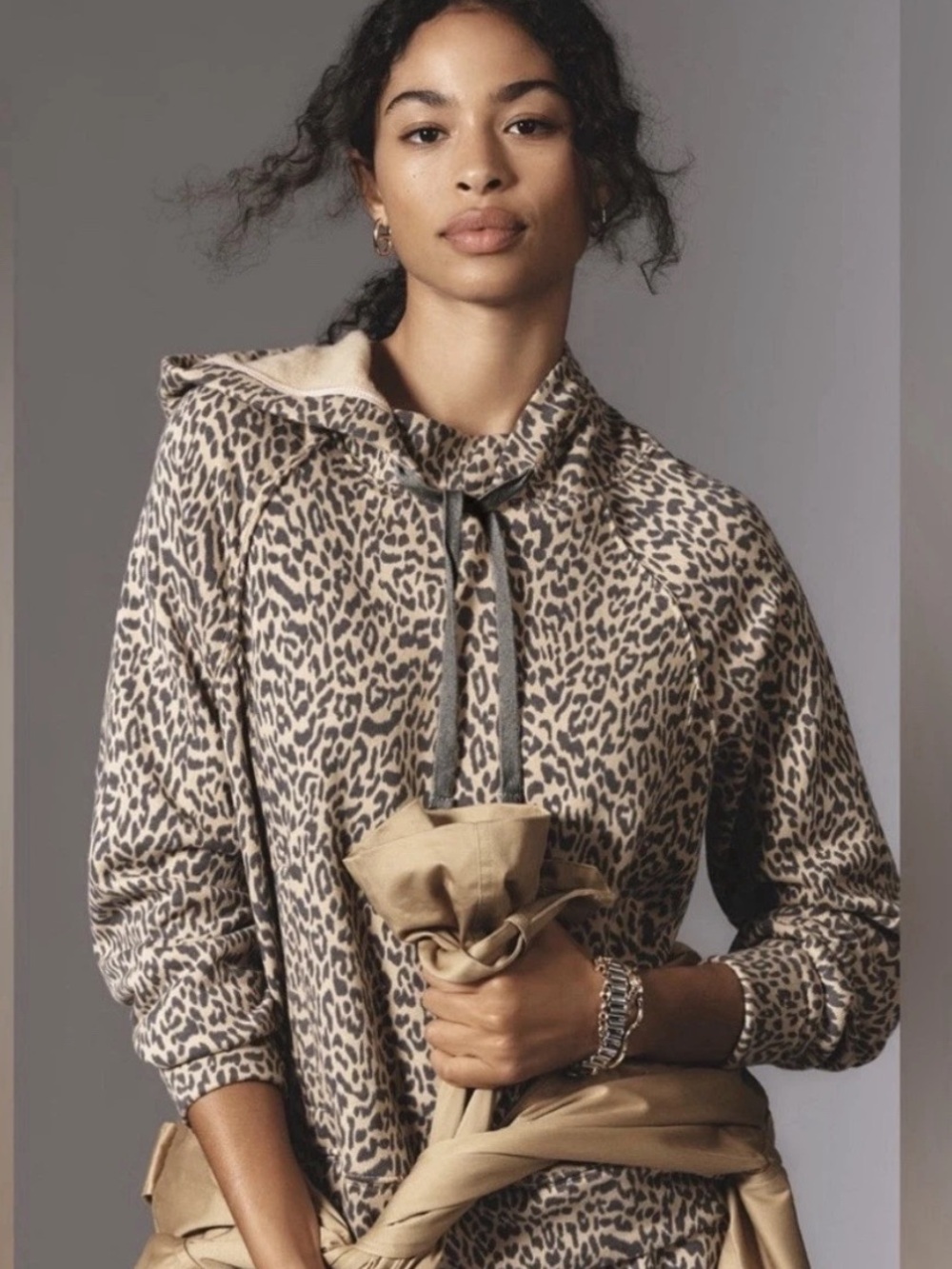 Anthropologie Daily Practice Hoodie Hooded Sweatshirt Leopard Print Brown XS NWT